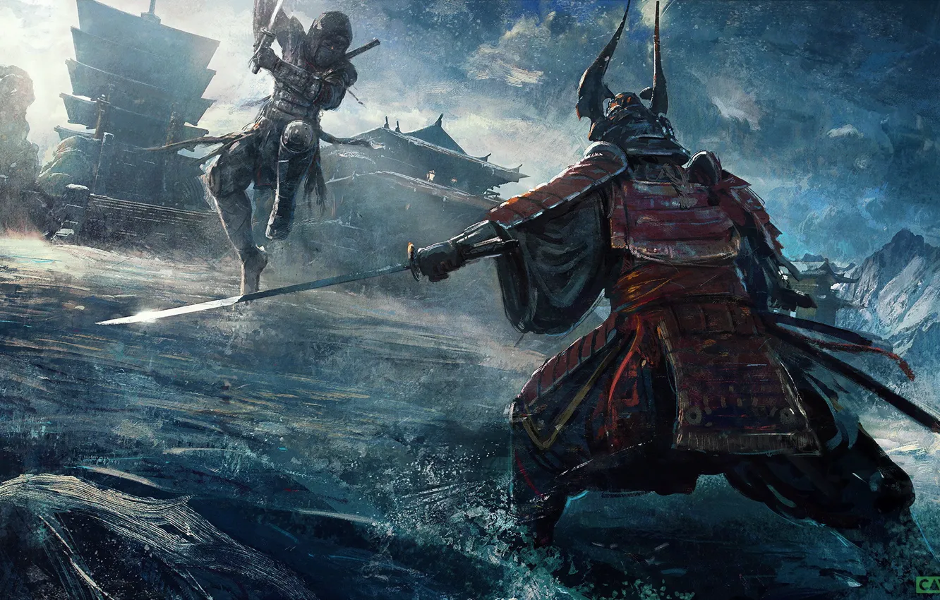 Фото обои катана, доспехи, шлем, поединок, самураи, samurai, samurai battle, by Saby Menyhei