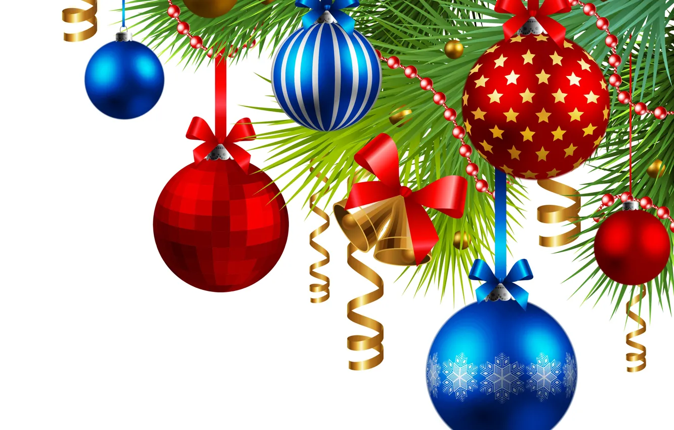 Фото обои украшения, ветки, праздник, шары, игрушки, вектор, Рождество, красные
