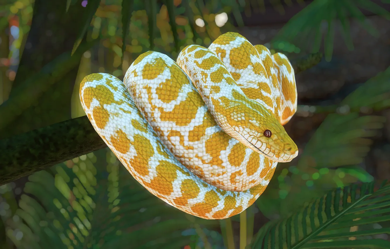 Фото обои желтый, природа, рендеринг, змея, питон, боке
