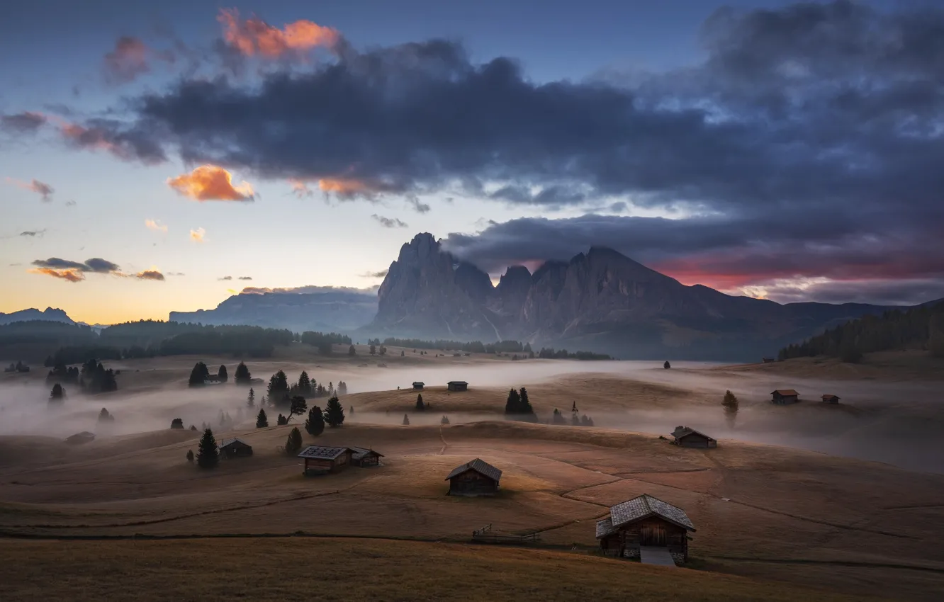 Фото обои горы, туман, утро, долина, Альпы, домики