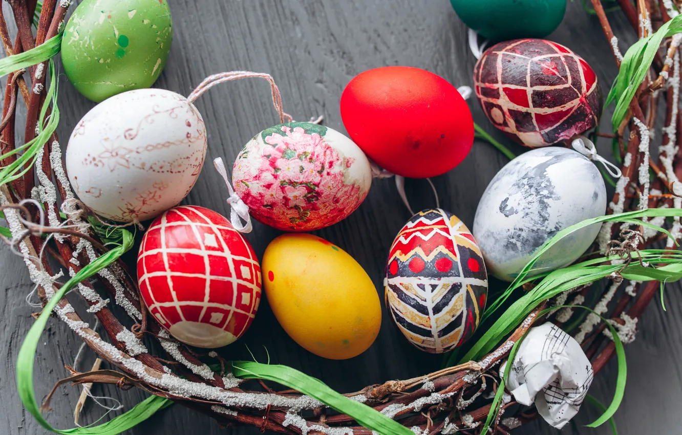 Фото обои яйца, пасха, Праздник, венок, веточки, Easter, eggs, Holiday