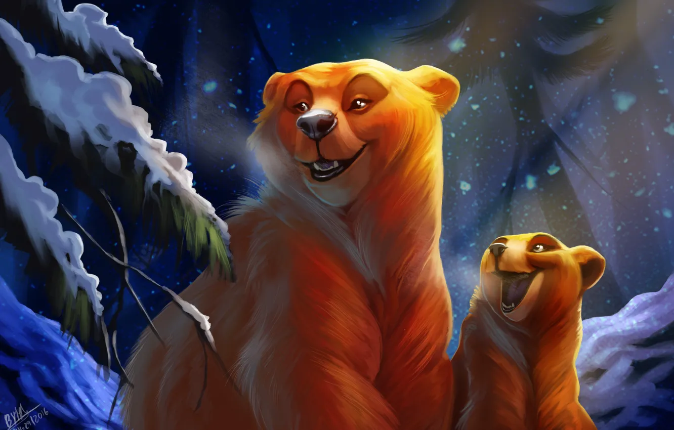Фото обои зима, лес, ночь, медведь, медвеженок, by TehChan