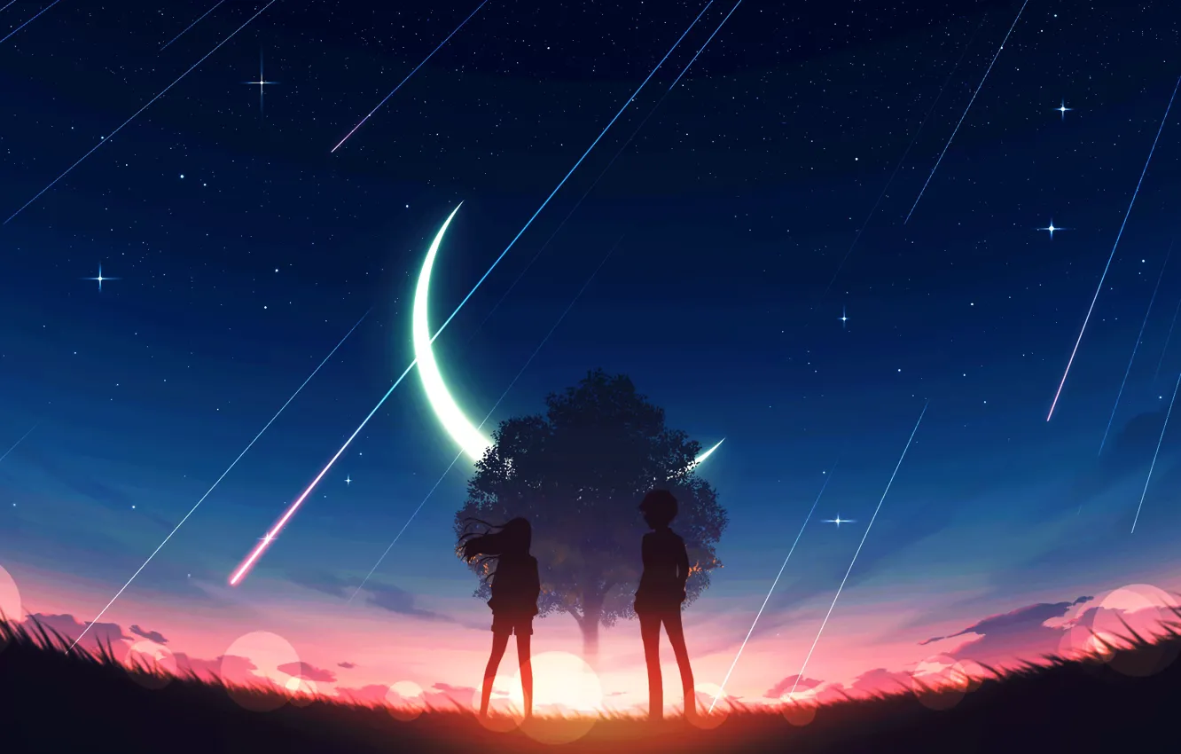 Фото обои девушка, закат, природа, дерево, месяц, фэнтези, парень, звездопад