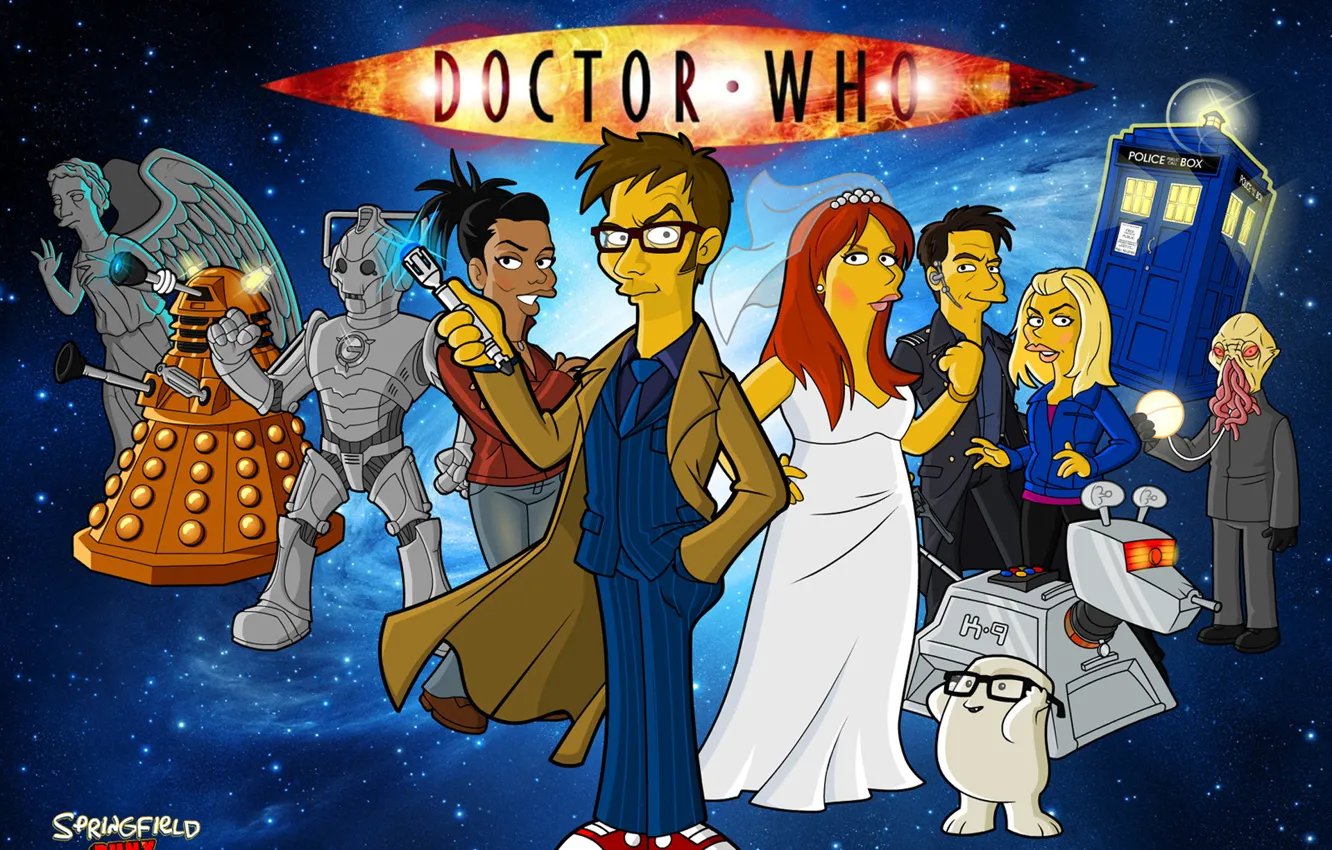 Фото обои космос, звезды, Симпсоны, пародия, Doctor Who, персонажи, Доктор Кто, The Simpsons