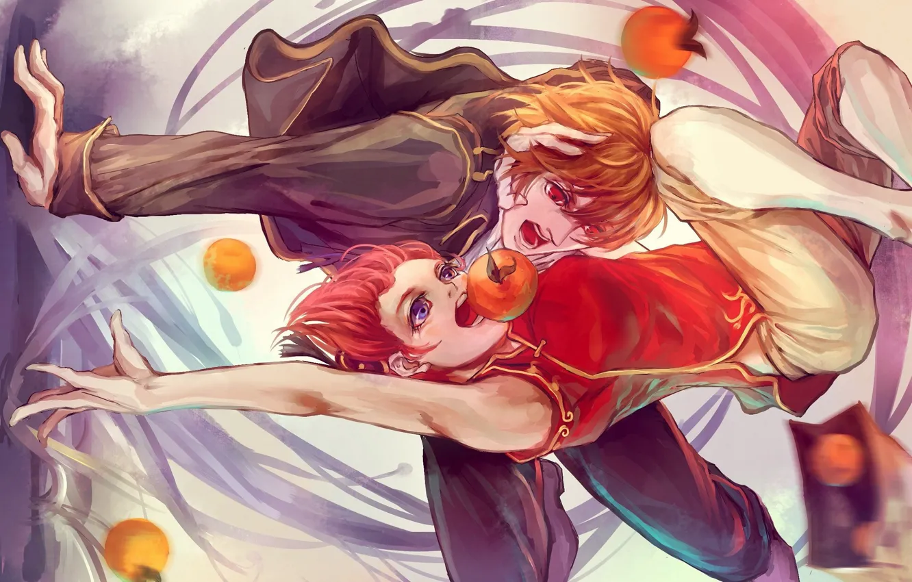 Фото обои апельсины, руки, пакет, драка, вихрь, рыжая, двое, Okita Souji