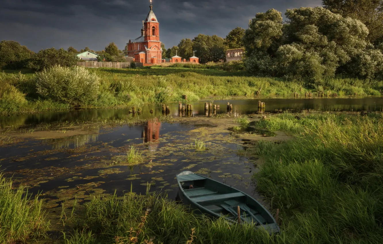 Фото обои лето, пейзаж, природа, озеро, лодка, деревня, церковь, Николай Шевченко