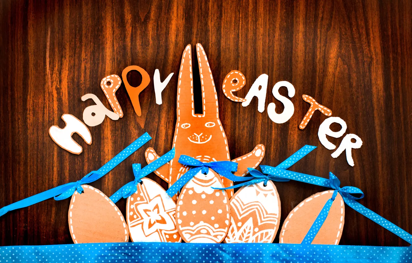 Фото обои ленты, дерево, праздник, надпись, заяц, яйца, Пасха, фигурки