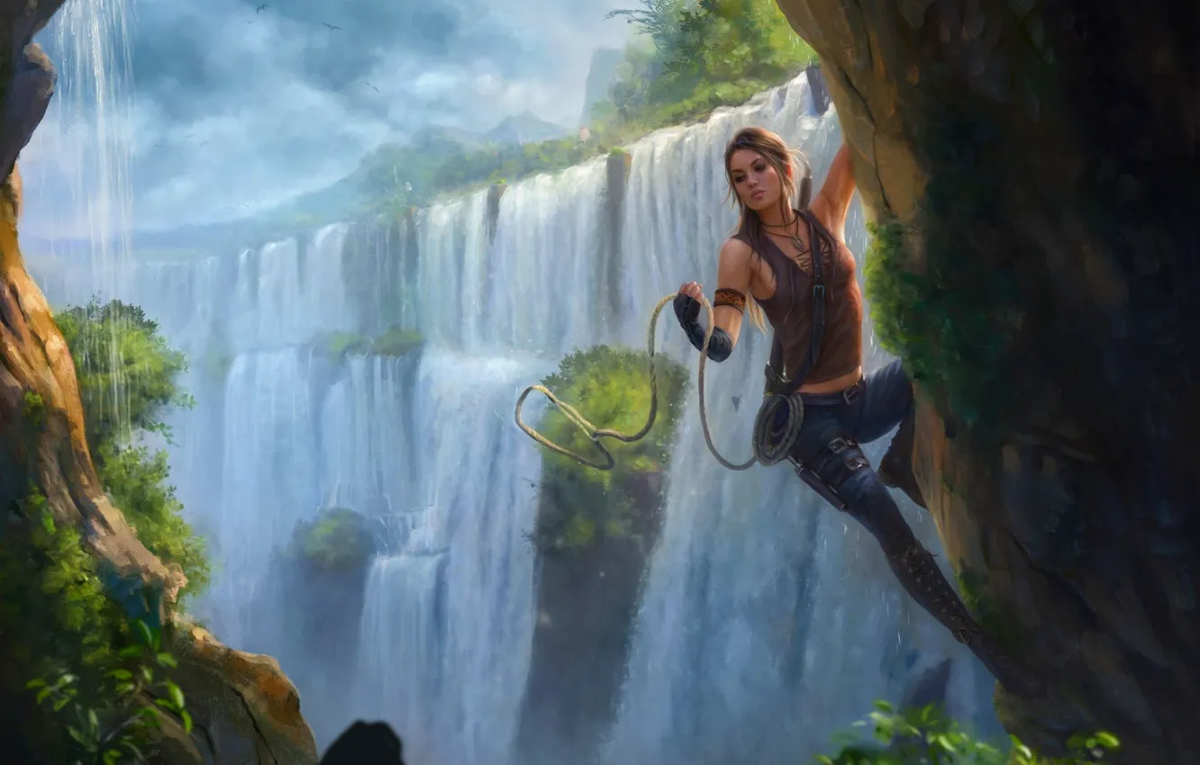 Фото обои Девушка, Водопад, Tomb Raider, Лара Крофт, Шатенка, Game, Lara Croft, Расхитительница гробниц