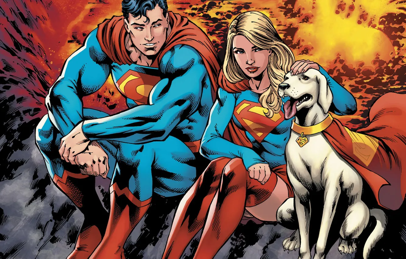 Фото обои girl, logo, fantasy, dog, man, couple, comics, Superman