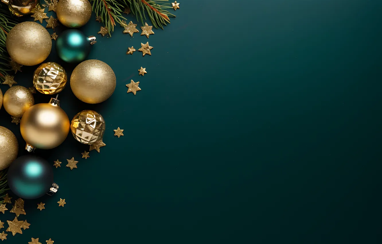 Фото обои украшения, темный фон, шары, Новый Год, Рождество, dark, golden, new year