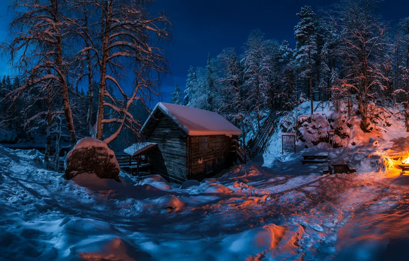 Фото обои зима, ночь, дом