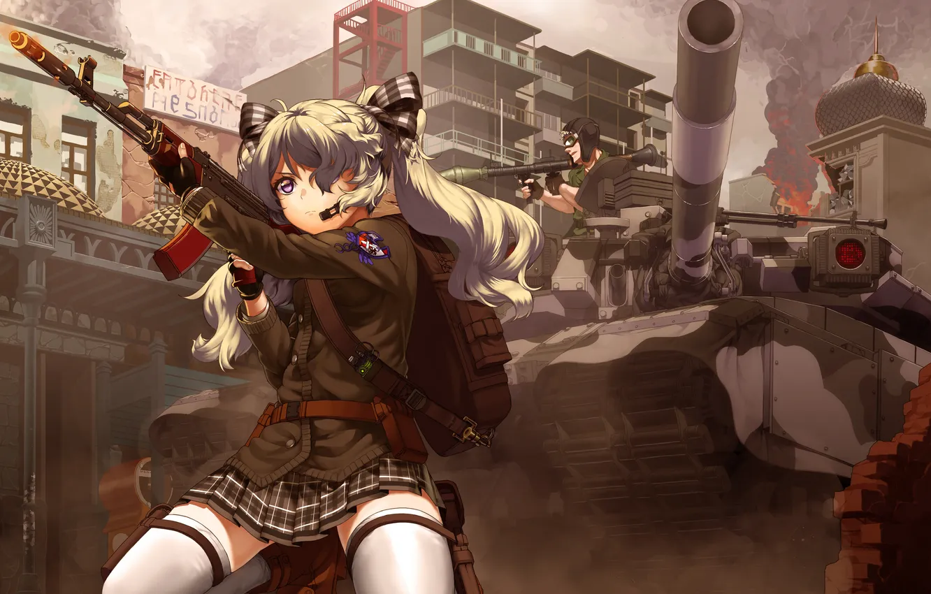 Фото обои взгляд, девушка, город, оружие, танк, парень, art, harumaki-0327