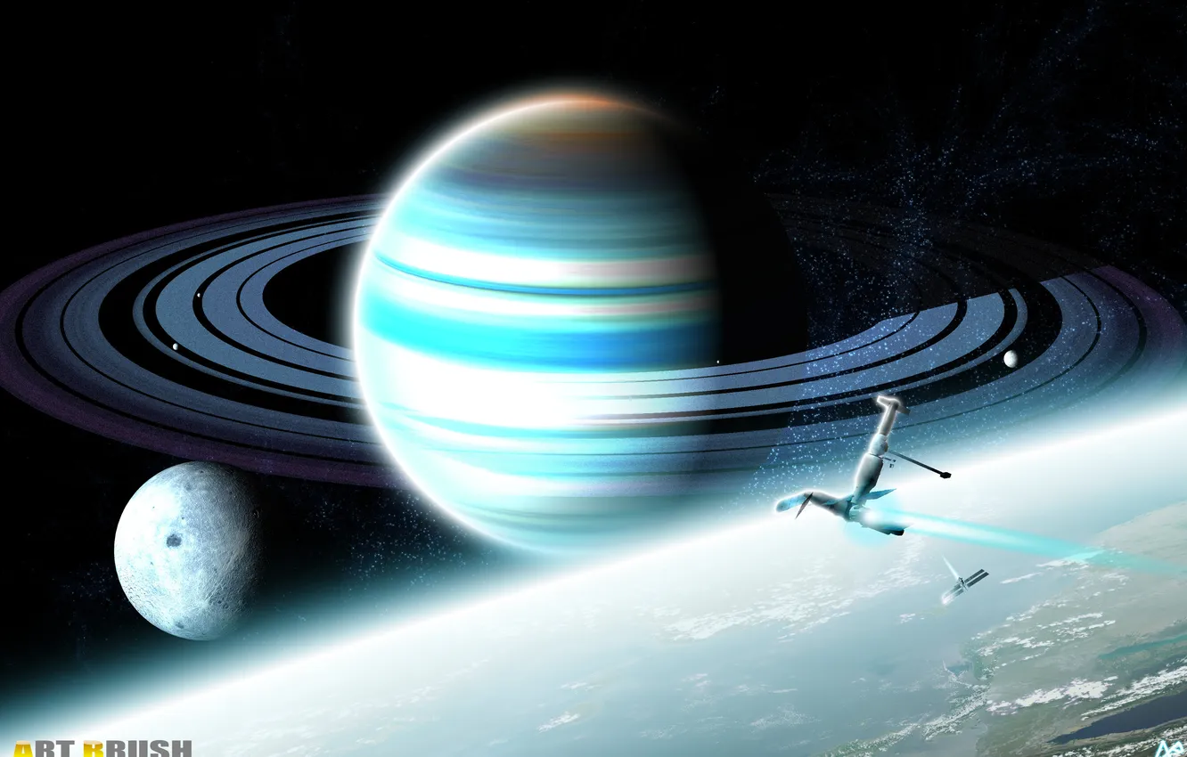 Фото обои планета, кольца, спутники, explorers of the unknown
