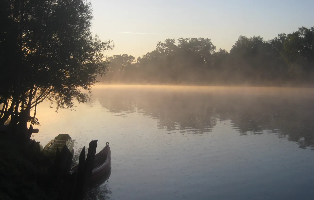 Фото обои лес, туман, река, лодки, утро, Словения