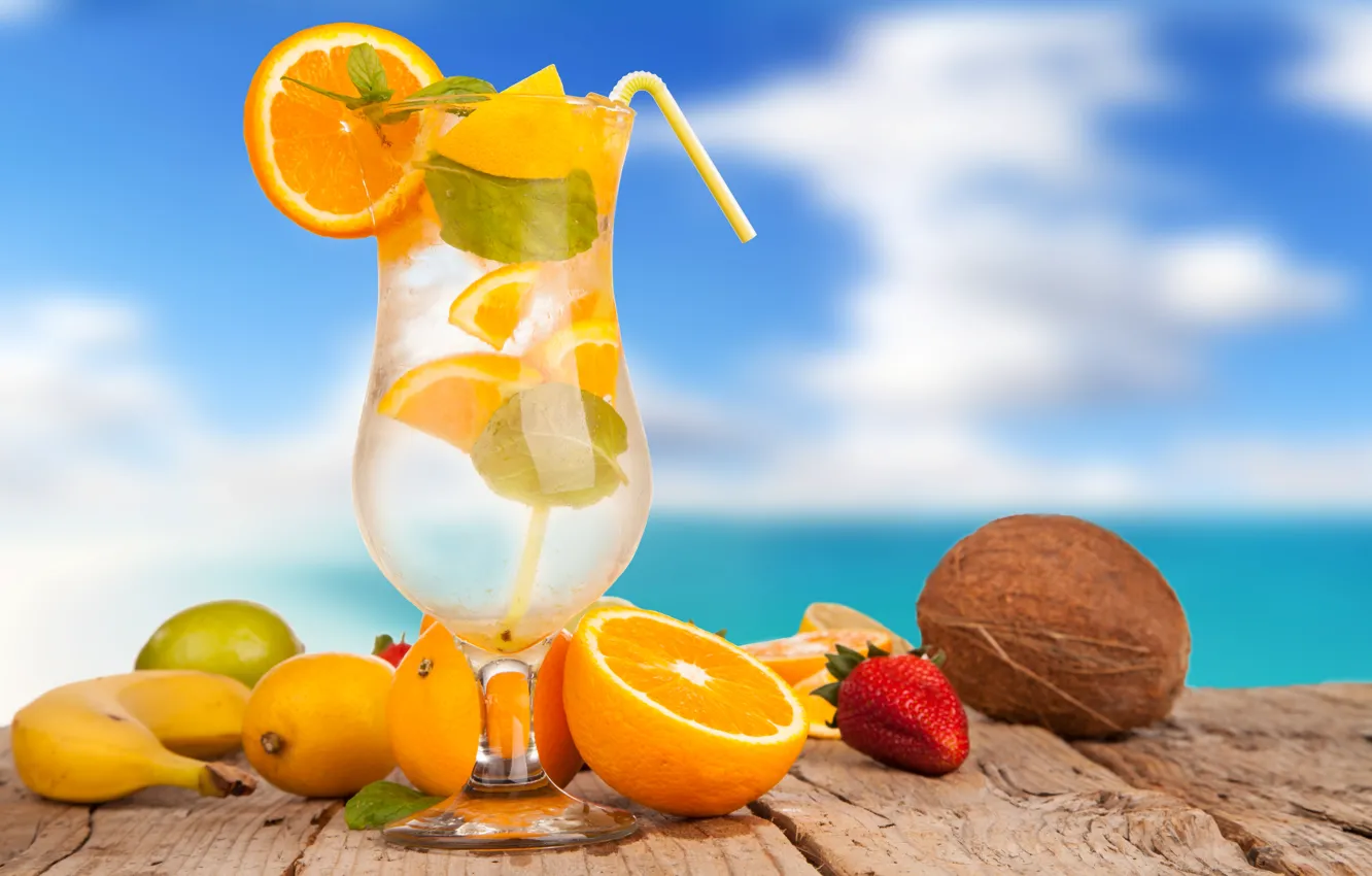 Фото обои лед, лето, лимон, бокал, апельсин, кокос, клубника, коктейль