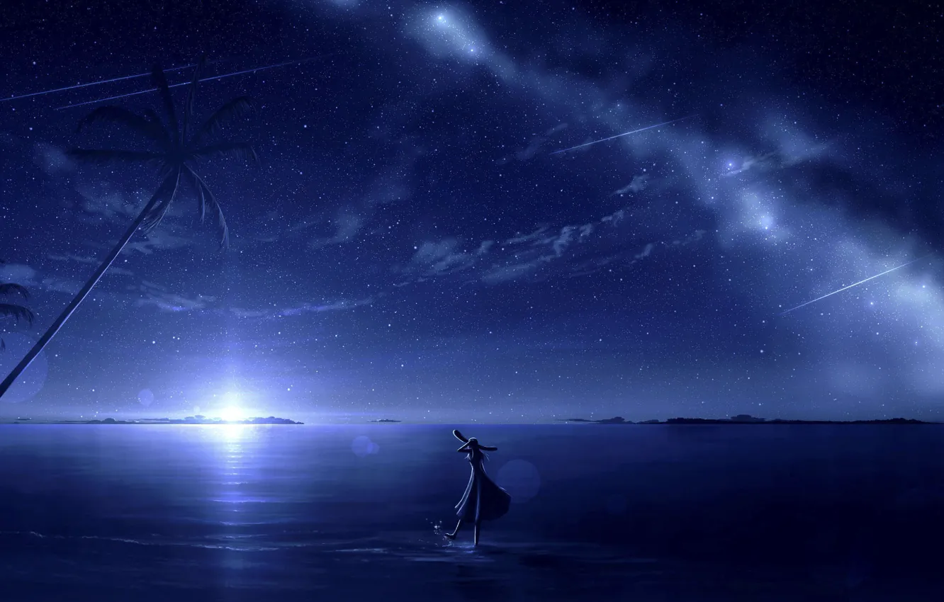 Фото обои море, девушка, ночь, пальмы