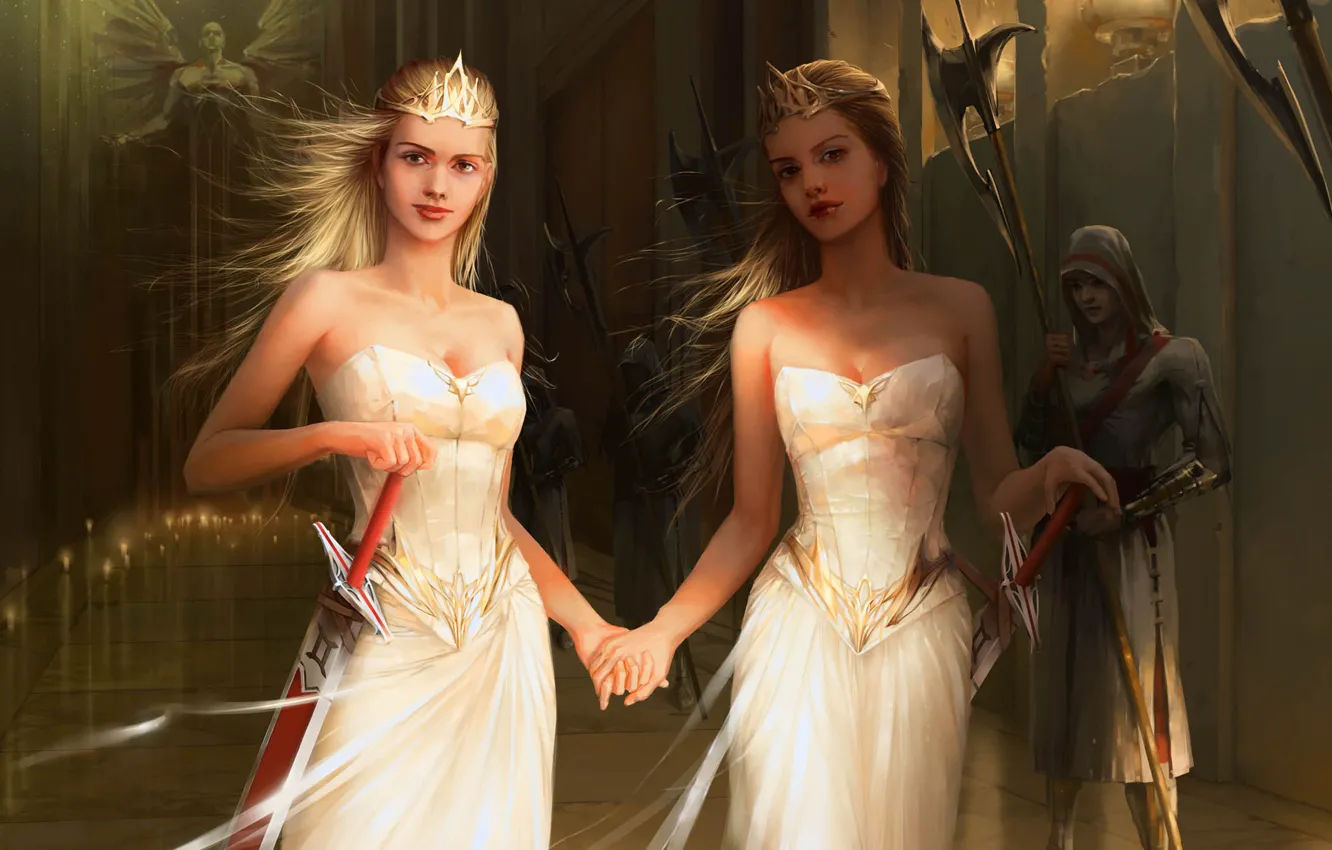 Фото обои Девушки, свечи, статуя, мечи, короны, платья