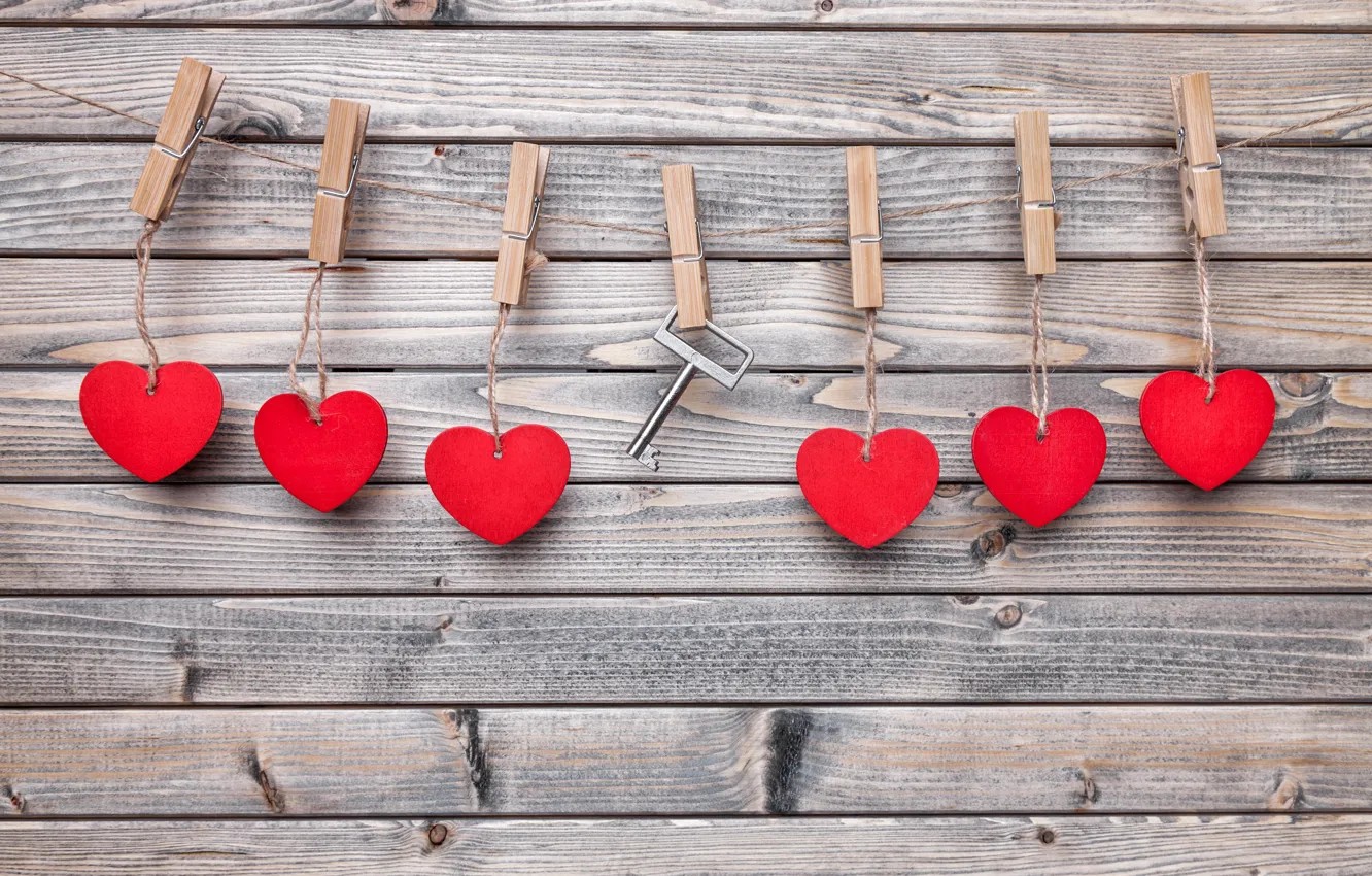 Фото обои любовь, романтика, веревка, ключ, сердечки, love, heart, wood