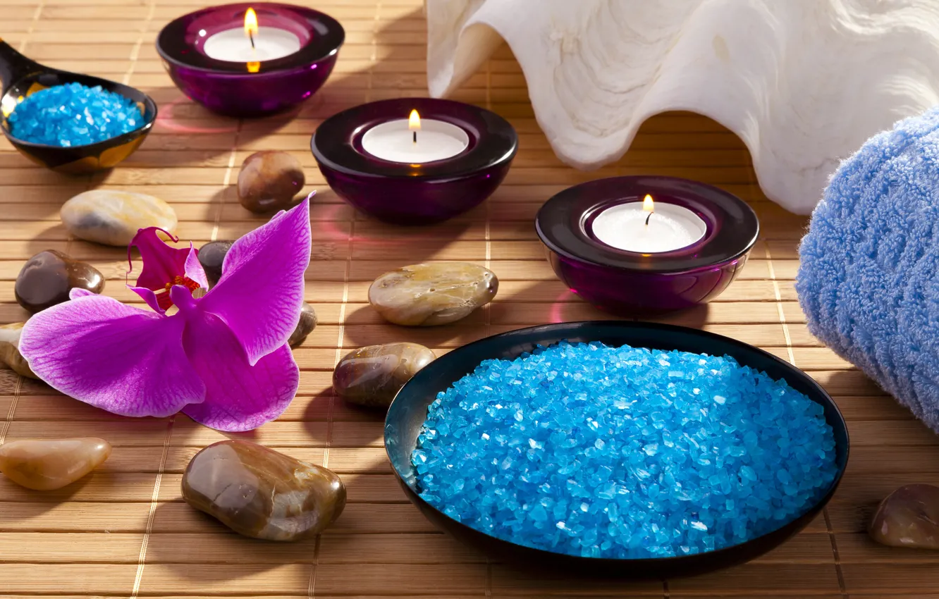 Фото обои свечи, орхидея, морская соль, спа камни