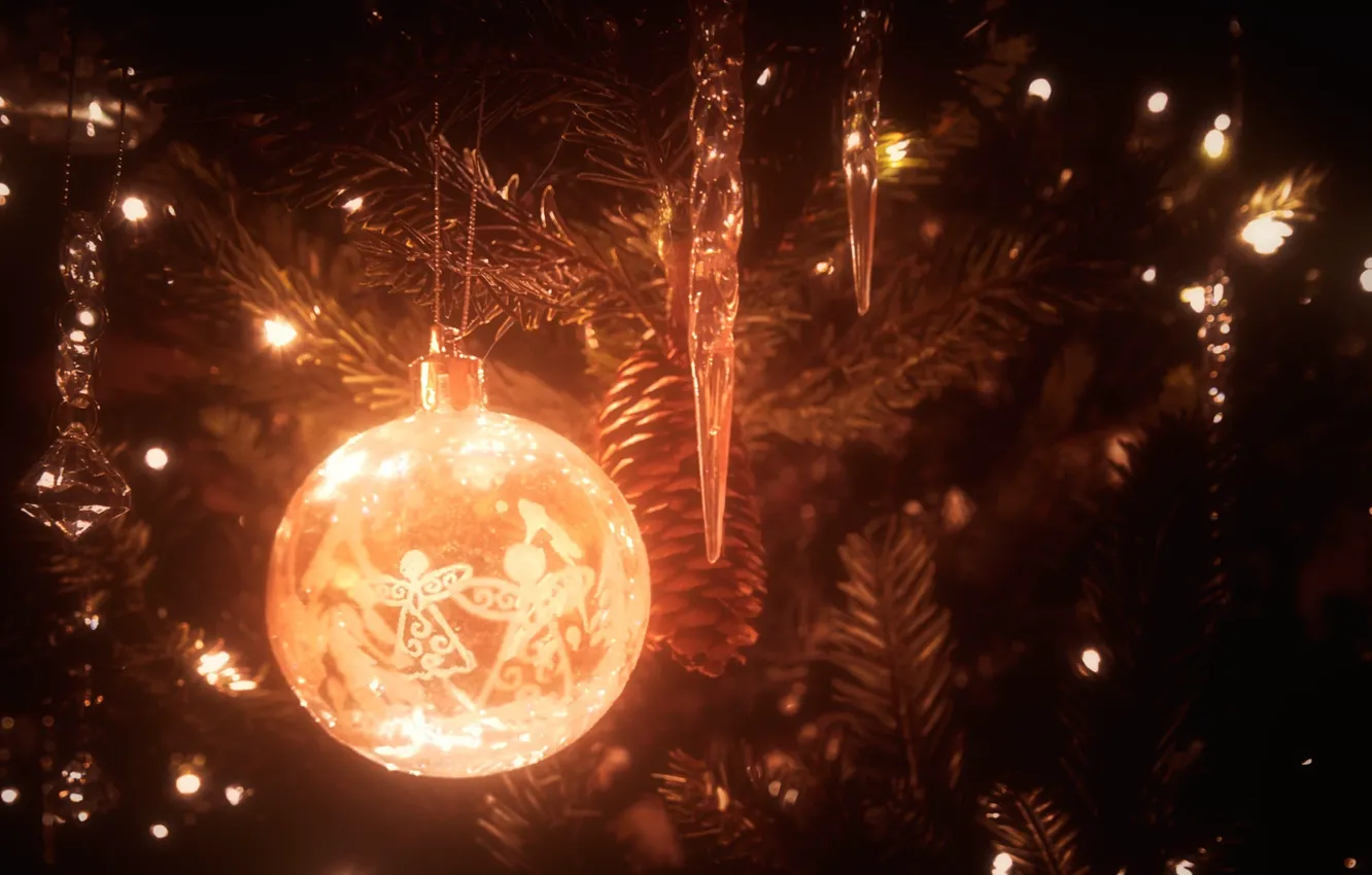 Фото обои свет, украшения, игрушки, елка, новый год, шар