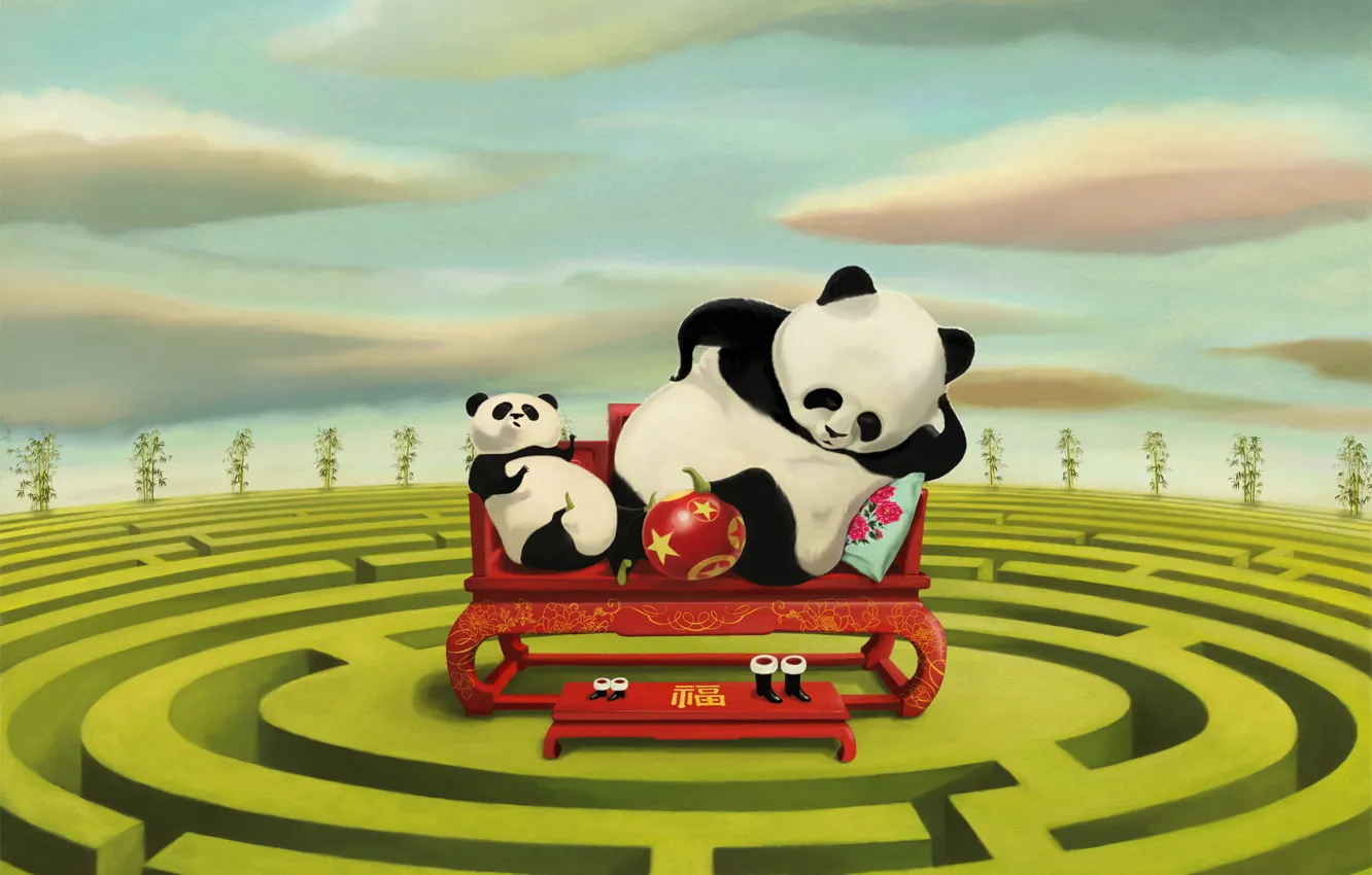 Фото обои диван, рисунок, две, лабиринт, панды, подставка