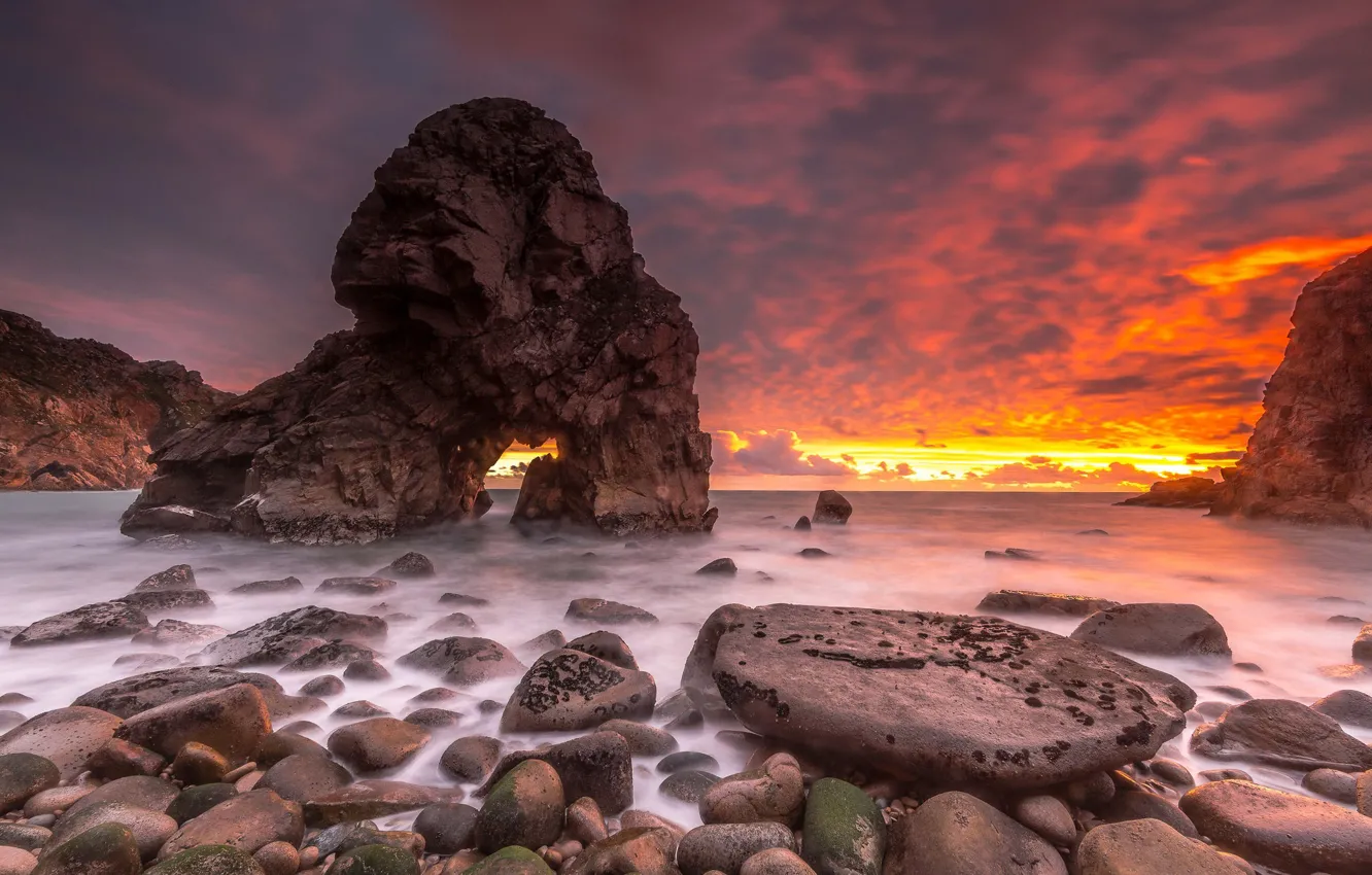 Фото обои закат, природа, скала, океан, побережье