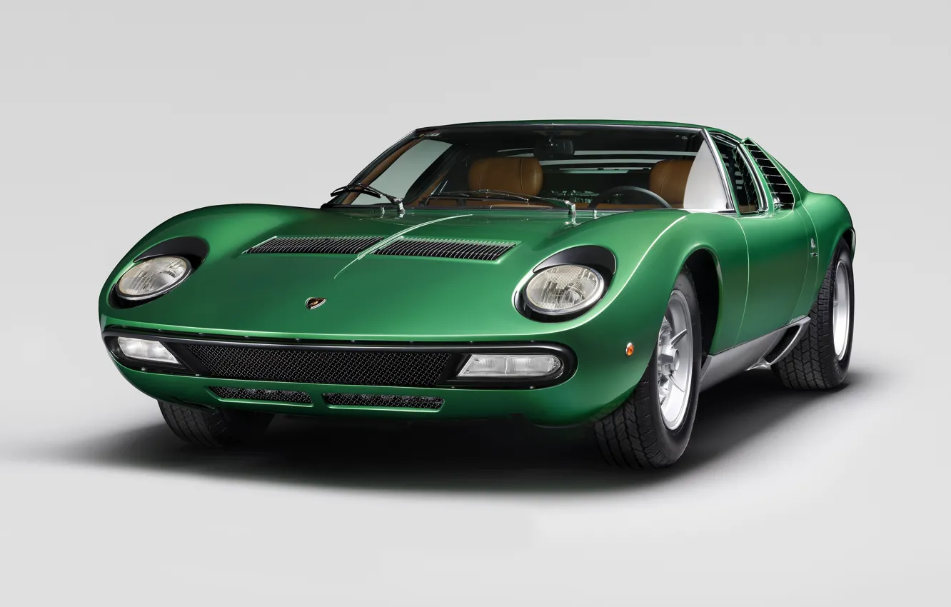 Фото обои Авто, Lamborghini, Ретро, Зеленый, Машина, 1971, Фары, Автомобиль