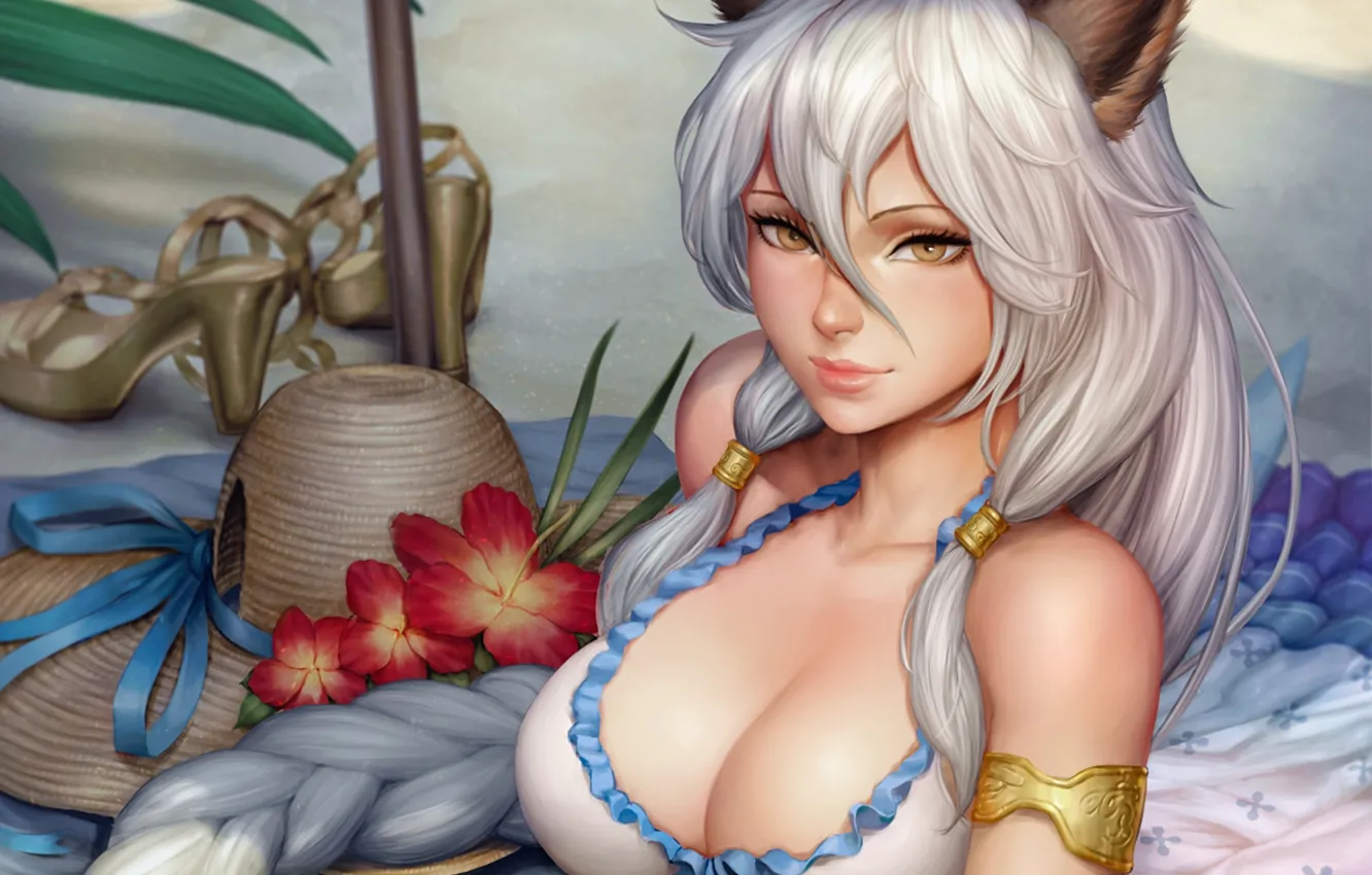 Фото обои girl, sexy, cleavage, long hair, boobs, animal ears, anime, flowers