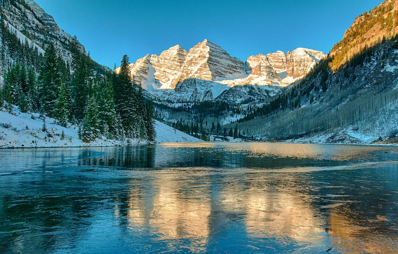 Фото обои лед, зима, небо, снег, горы, озеро