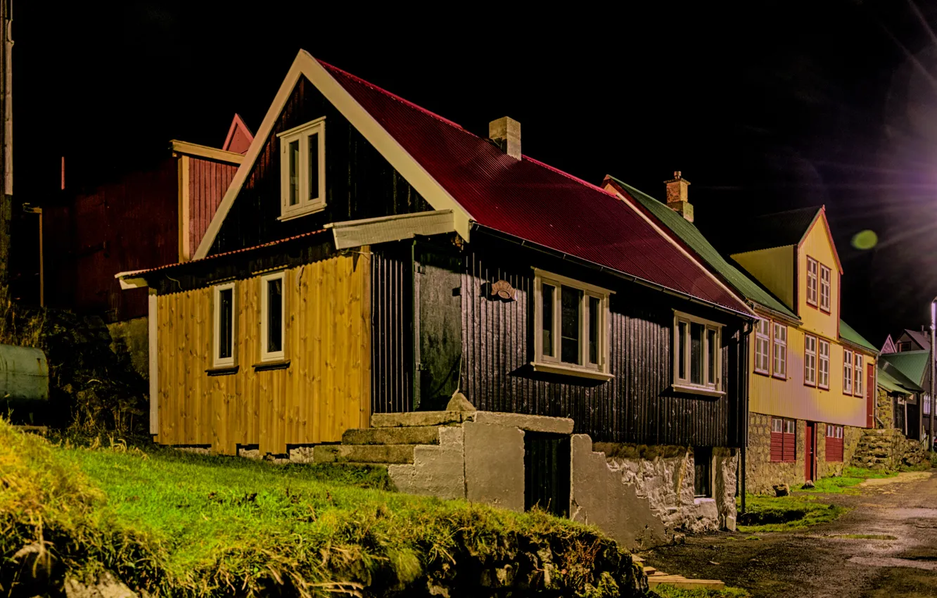 Фото обои ночь, дом, улица, Дания, Klaksvik Faroe Islands