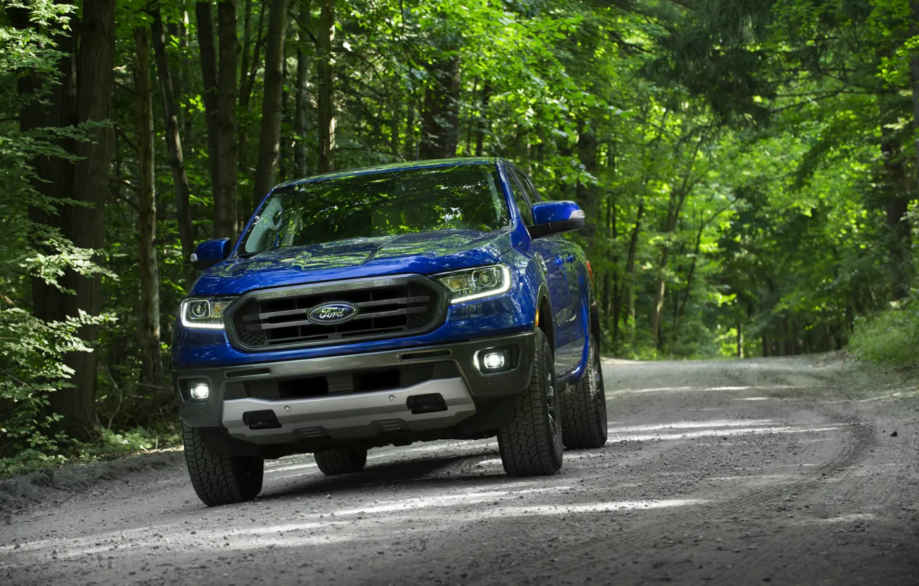Фото обои синий, Ford, пикап, Ranger, лесная дорога, 2019, FX2 Package
