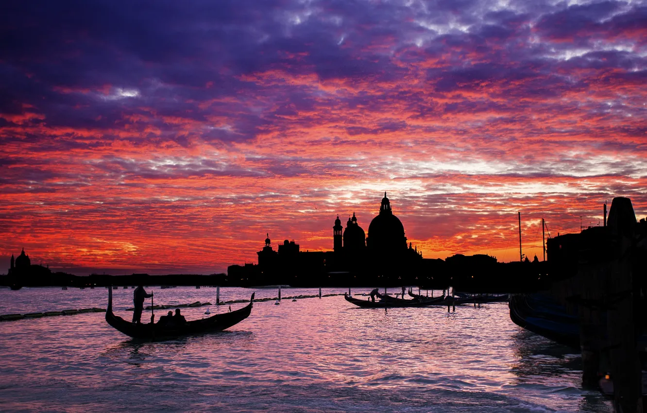 Фото обои закат, тучи, вечер, Италия, Венеция, сумерки, силуэты