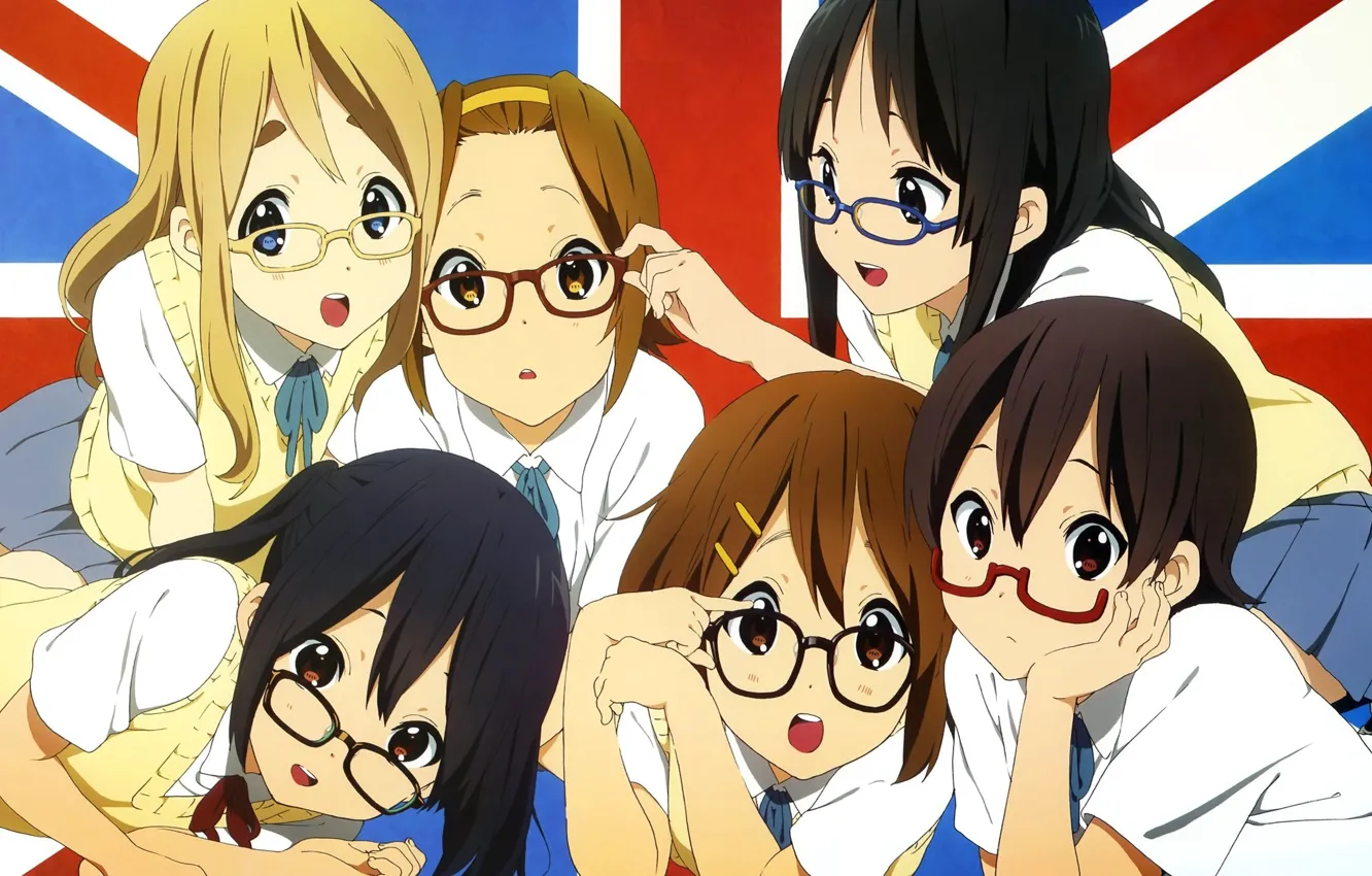 Фото обои флаг, очки, школьницы, школьная форма, K-on, Mio Akiyama, Azusa Nakano, Tsumugi Kotobuki