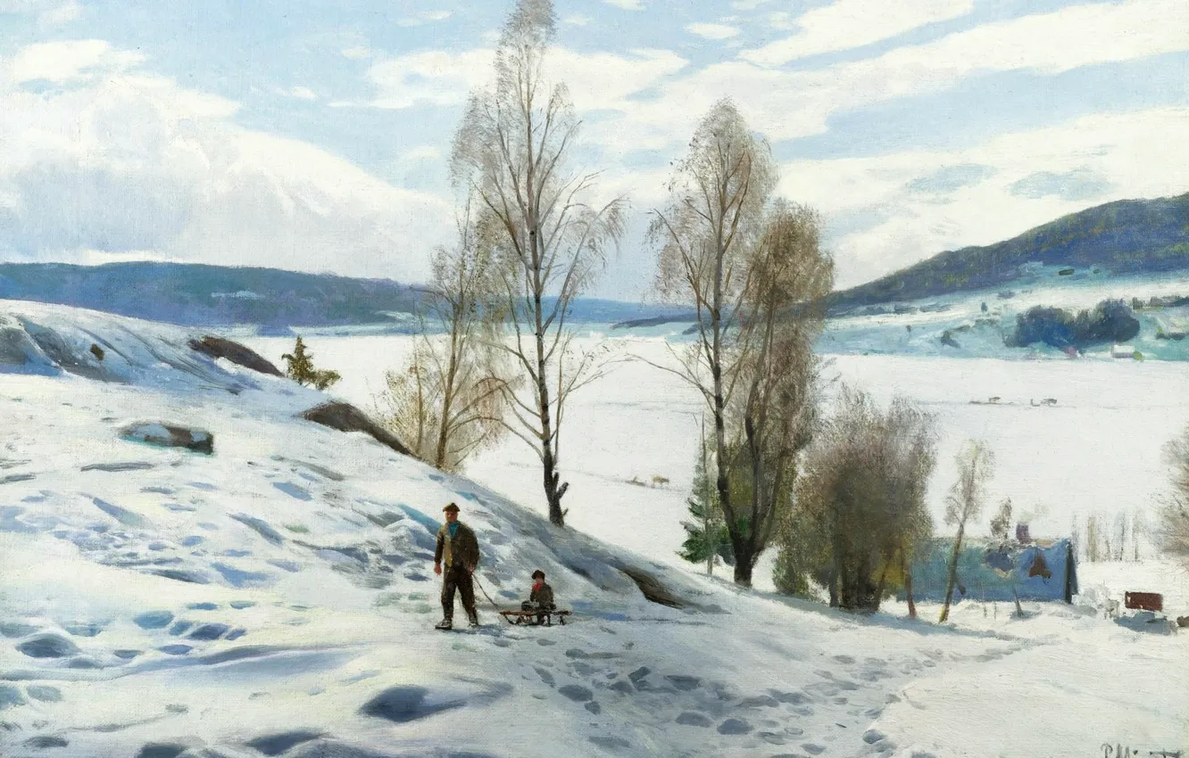 Фото обои снег, деревья, пейзаж, природа, холмы, картина, Петер Мёрк Мёнстед, Peder Mørk Mønsted