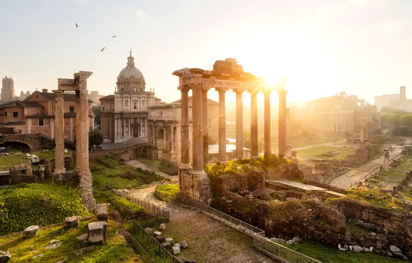 Фото обои солнце, город, рассвет, утро, площадь, Рим, Италия, арка