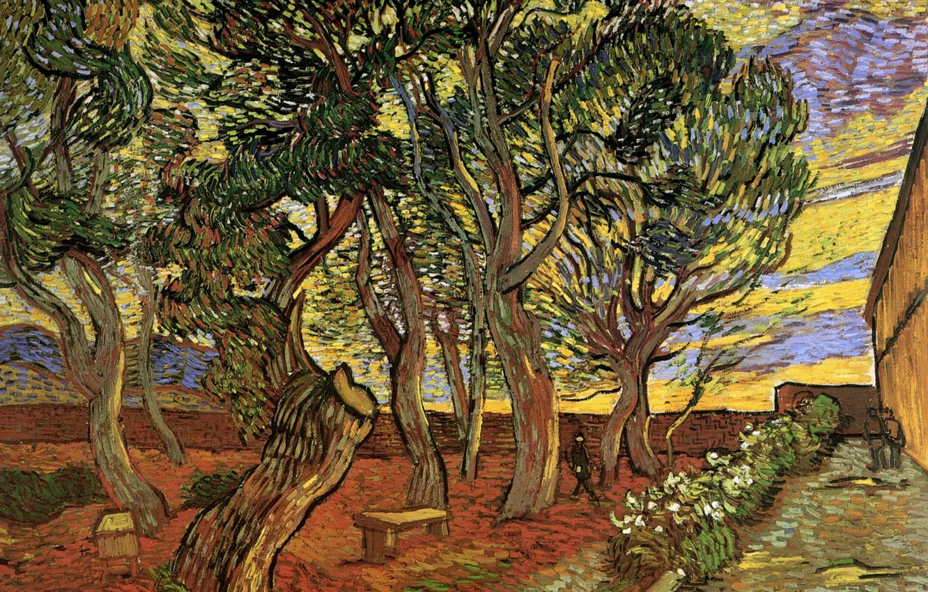 Фото обои деревья, цветы, люди, больница, лавочки, Vincent van Gogh, The Garden of Saint-Paul, Hospital 5