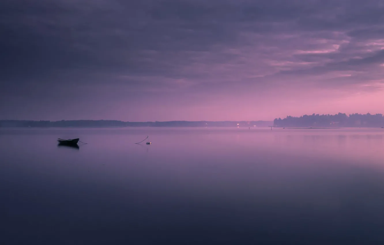 Фото обои туман, озеро, лодка, утро