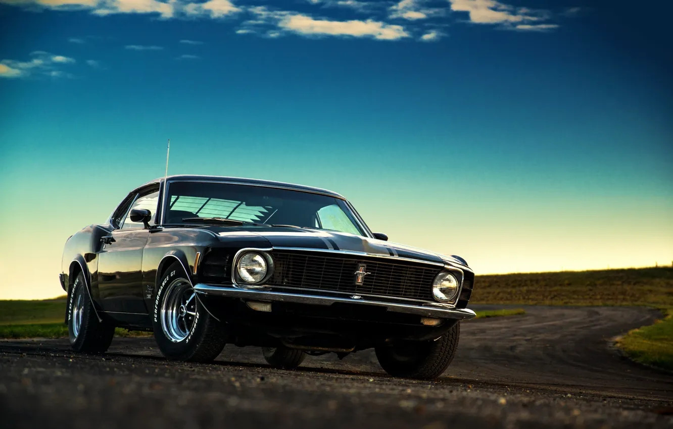 Фото обои Mustang, Ford, Muscle, Car, Classic, Black, Sunset, 1970