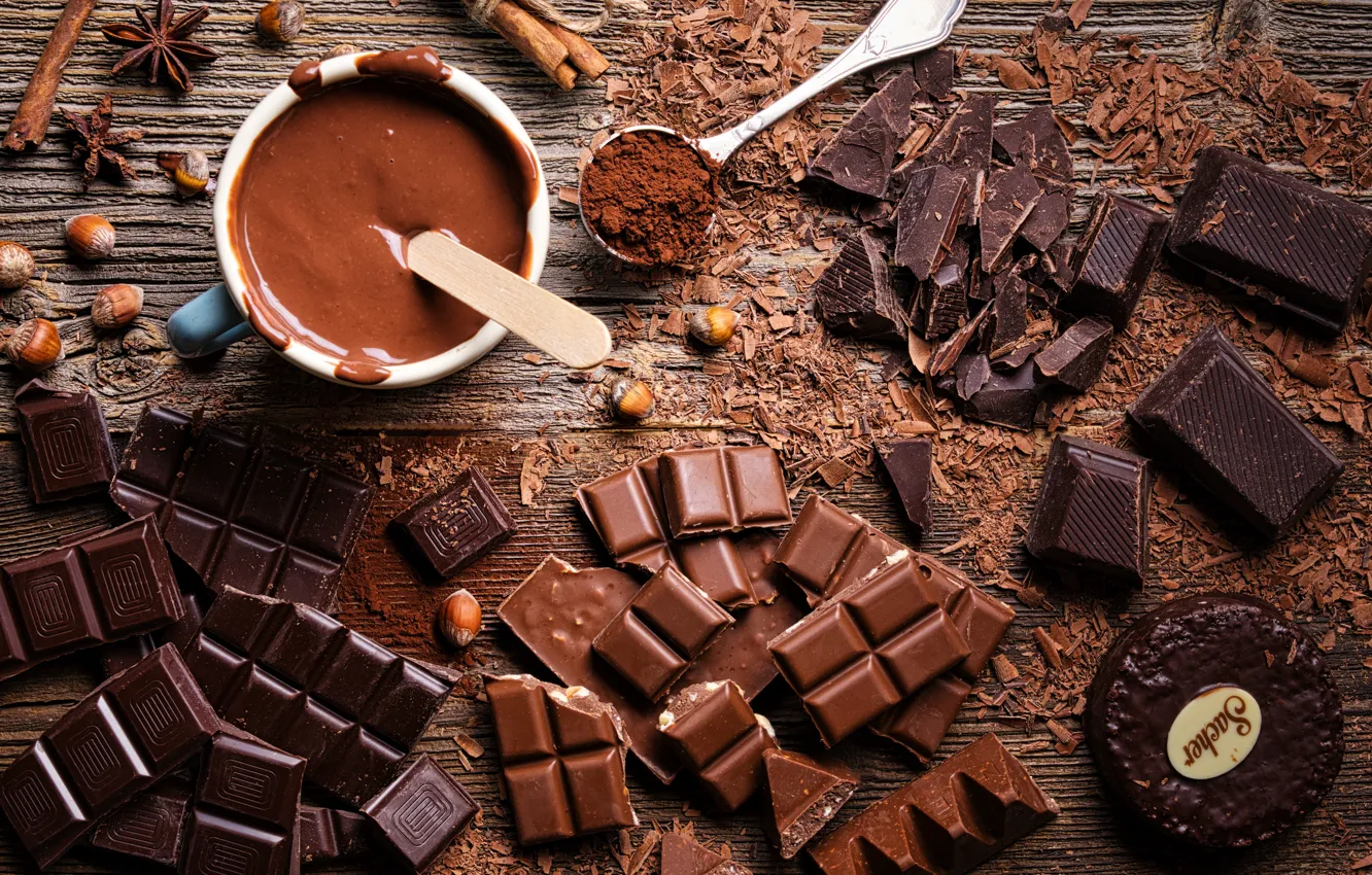 Фото обои шоколад, орехи, стружка, какао