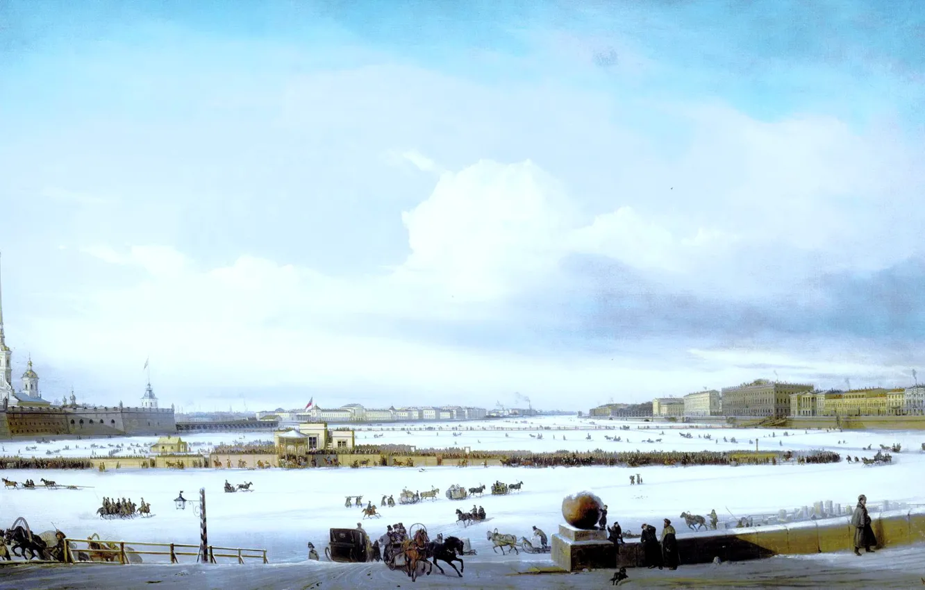 Фото обои картина, катание на Неве, снег, зима, живопись, берег, лошади, кони