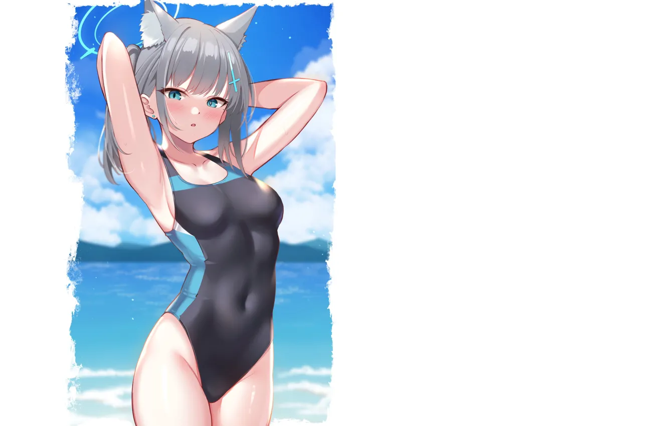 Фото обои girl, sexy, wet, anime, kitty, swimsuit, babe, armpit