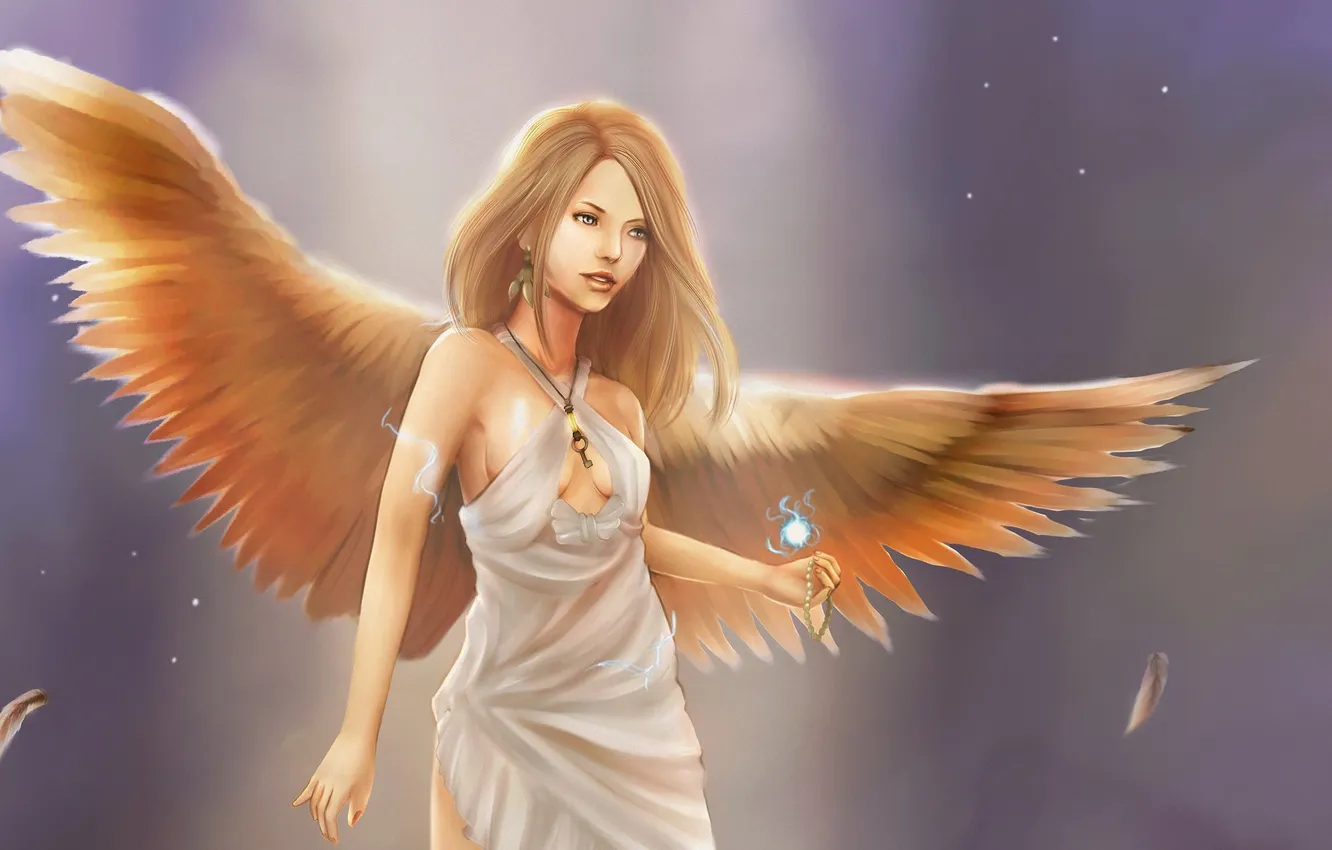 Фото обои взгляд, девушка, фон, фантастика, волосы, крылья, ангел, платье
