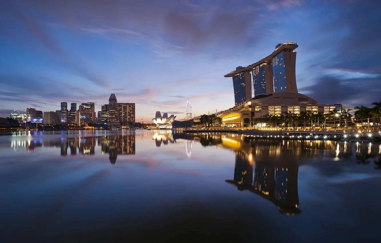 Фото обои облака, lights, небоскребы, вечер, Сингапур, архитектура, мегаполис, clouds