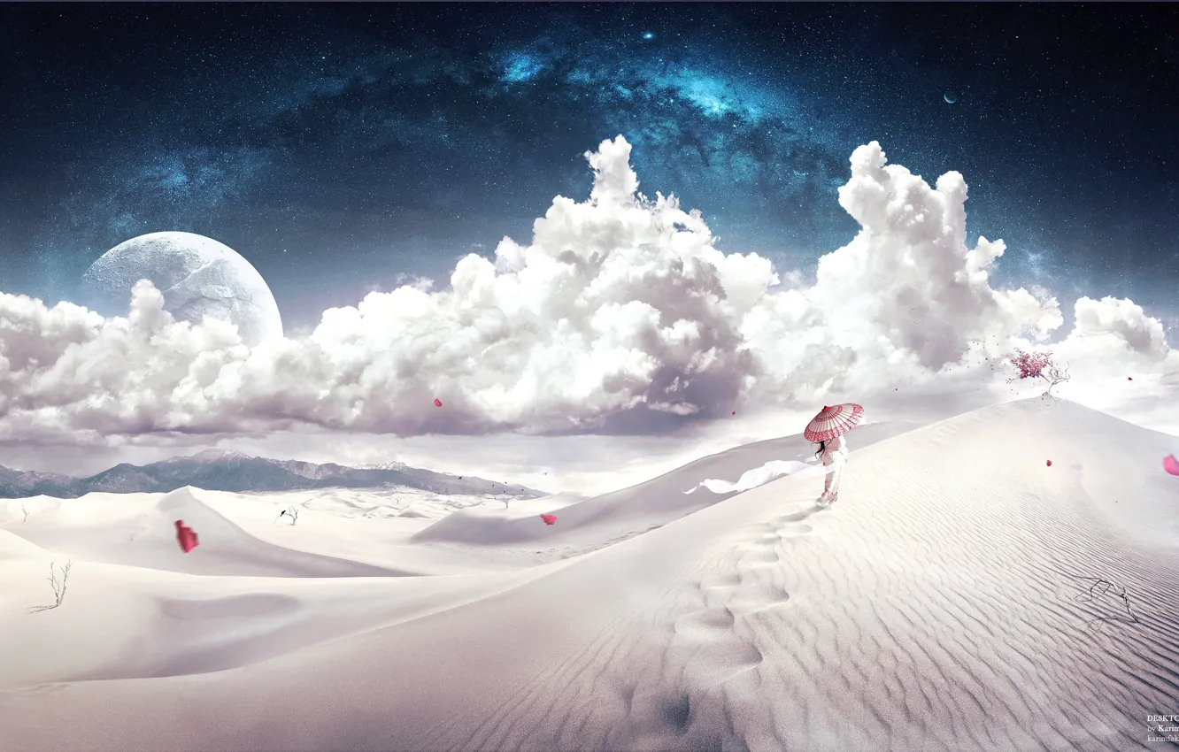 Фото обои девушка, облака, барханы, путь, дерево, ветер, пустыня, звёзды