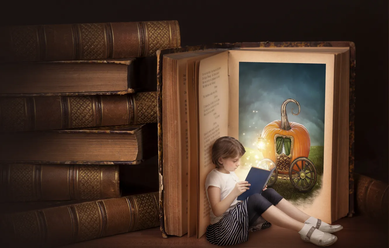 Фото обои книги, Алиса, девочка, тыква, карета, чтение