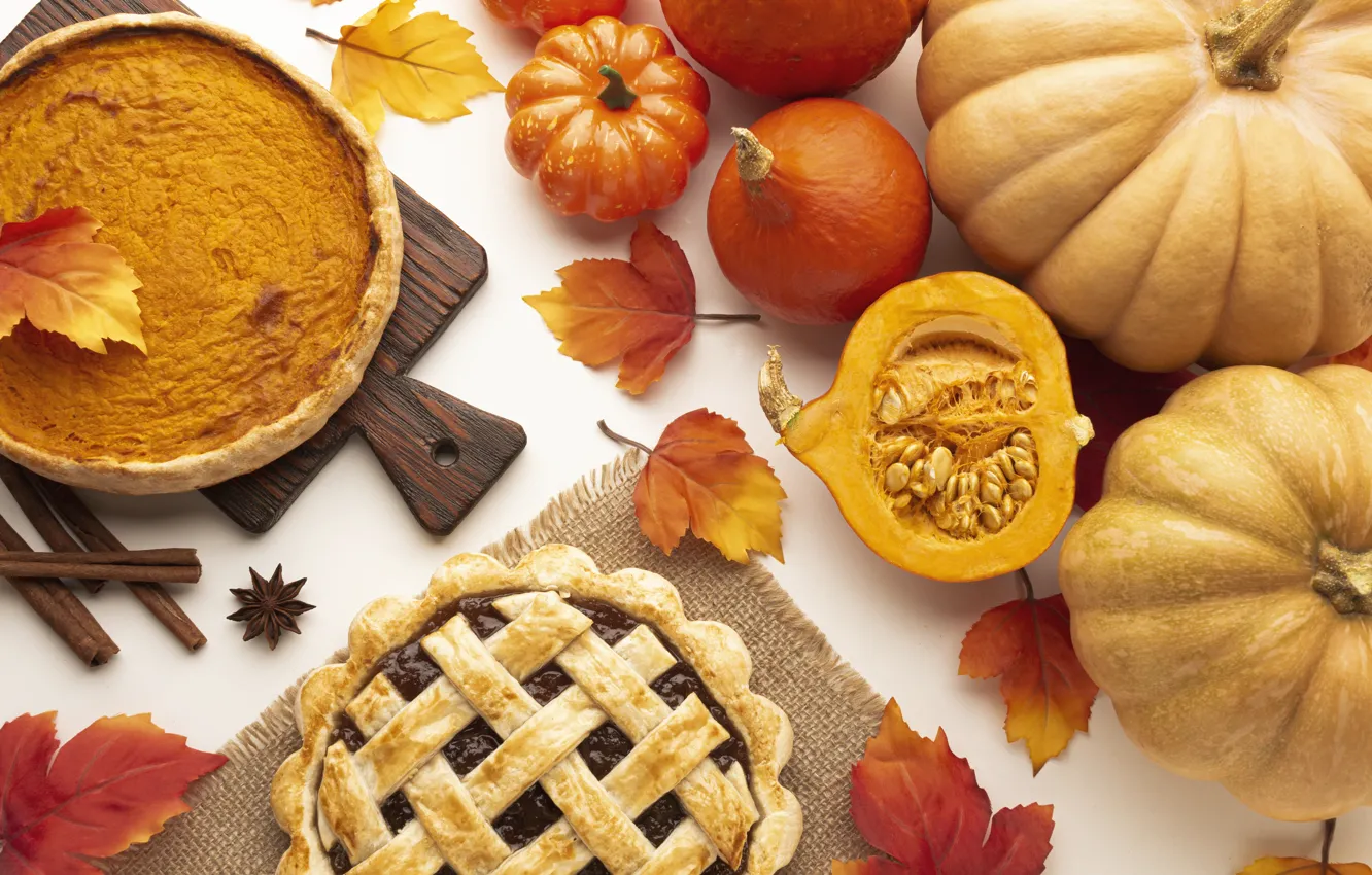 Фото обои осень, листья, пирог, ткань, тыква, доска, cake, выпечка