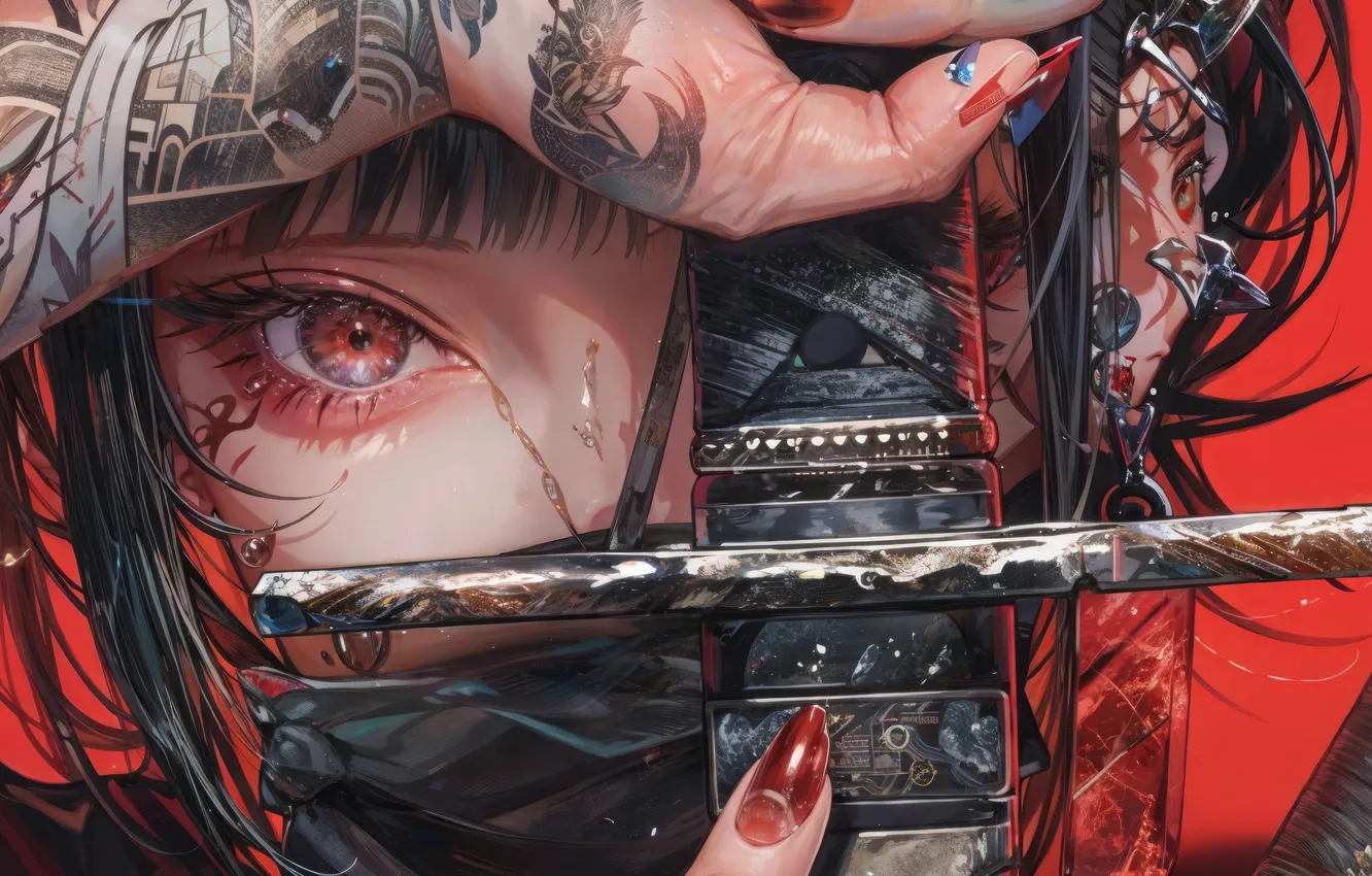 Фото обои katana, red background, piersing, Anime Girls
