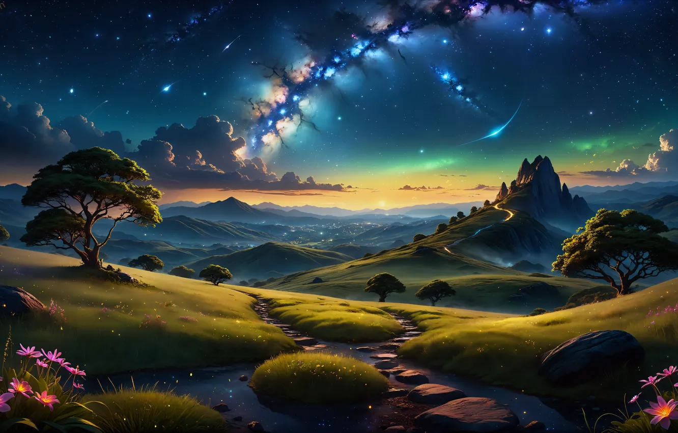 Фото обои Природа, Красота, Nature, Landscape, Dawn, Surreal, Starry sky, AI art