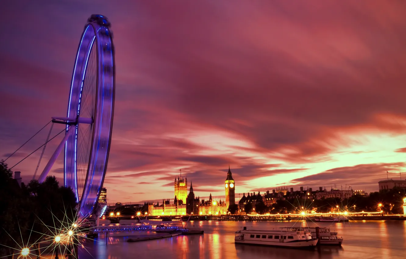 Фото обои огни, река, Англия, Лондон, вечер, подсветка, Великобритания, Темза