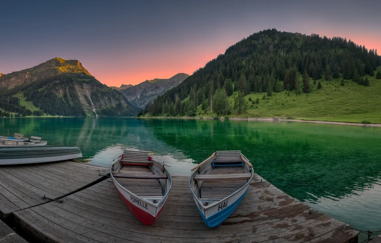 Фото обои горы, озеро, пристань, лодки, Австрия, Альпы, Austria, Alps